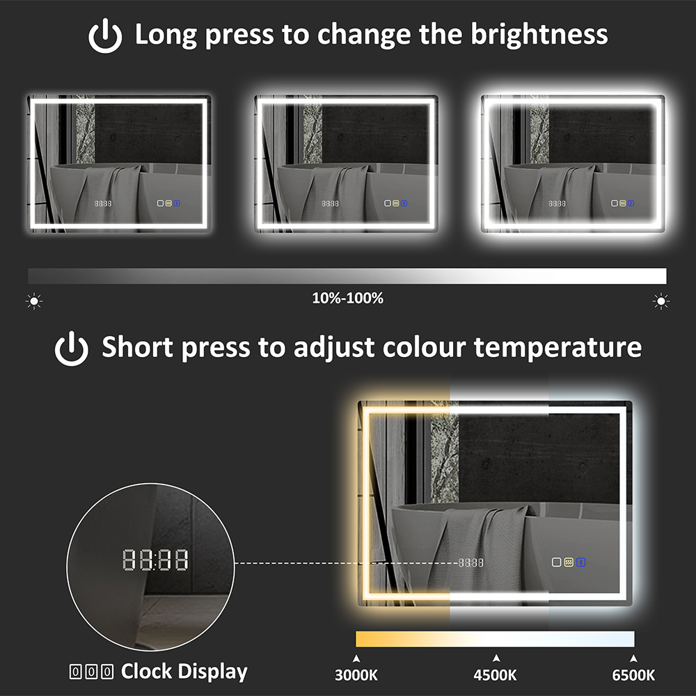 HOMCOM Bluetooth Clock Frameless LED Bathroom Mirror with Demister Pad 60 x 80cm Image 6