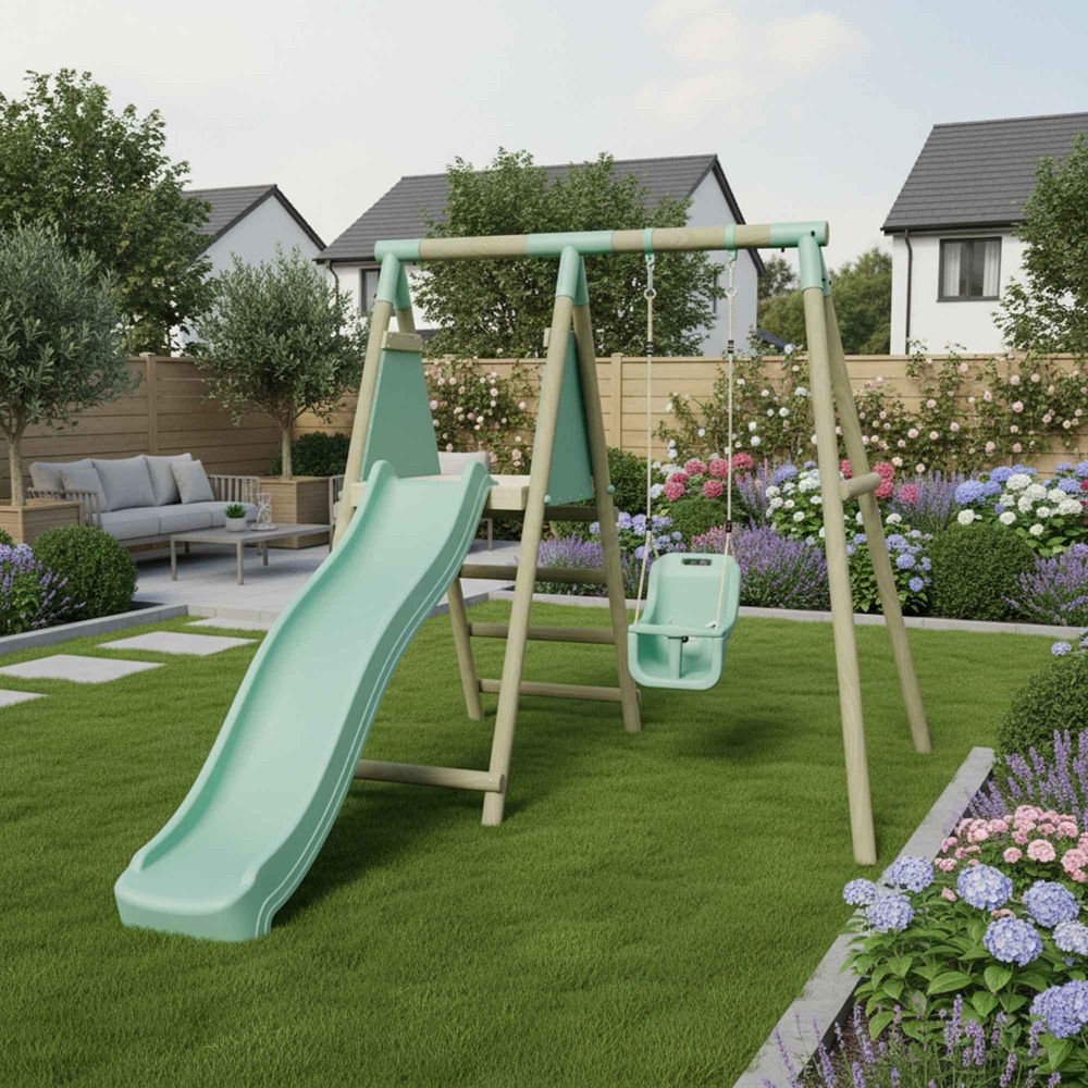 Mercia Wooden Round Pole Single Baby Seat Swing with Slide Image 2