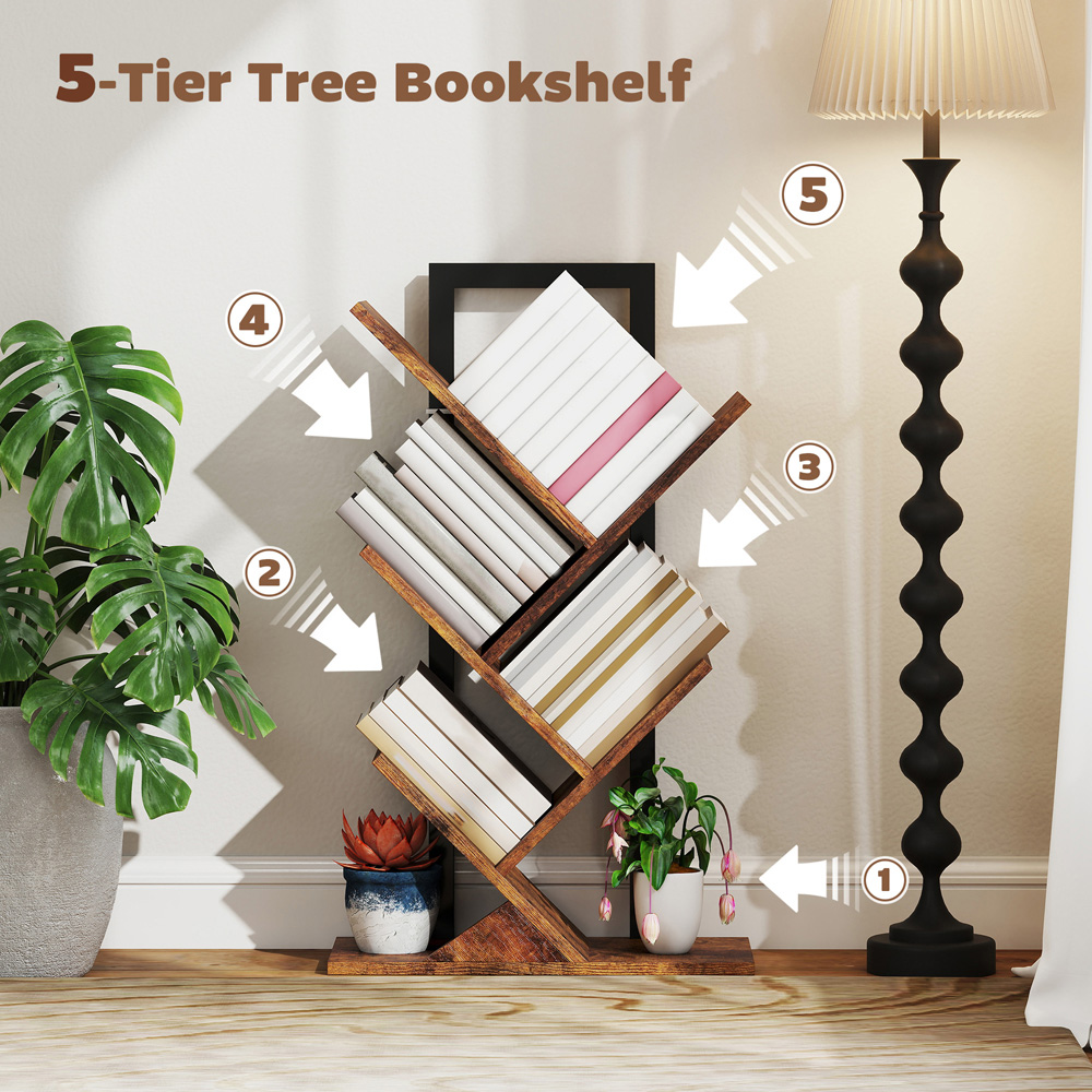 HOMCOM 4 Shelf Rustic Brown Steel Frame Tree Bookshelf Image 4
