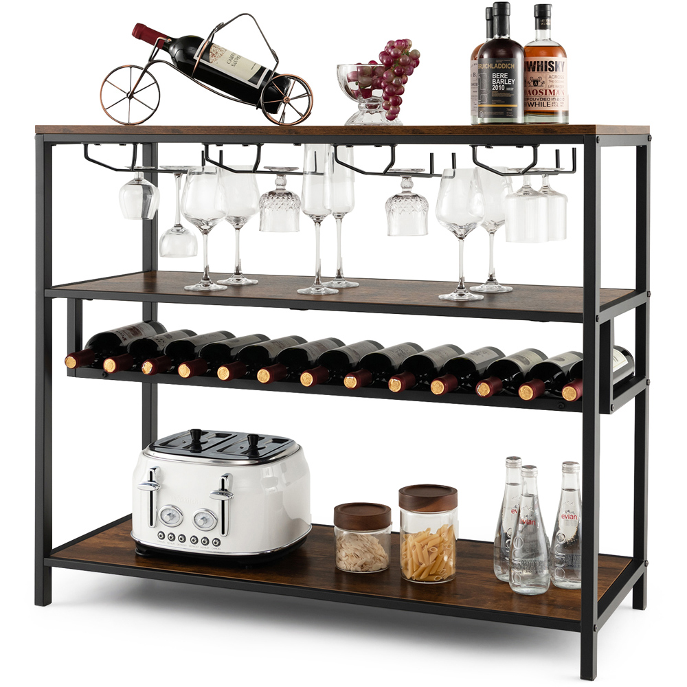 Costway 3 Shelf 14 Bottle Industrial Wine Rack with Glass Holders Image 3