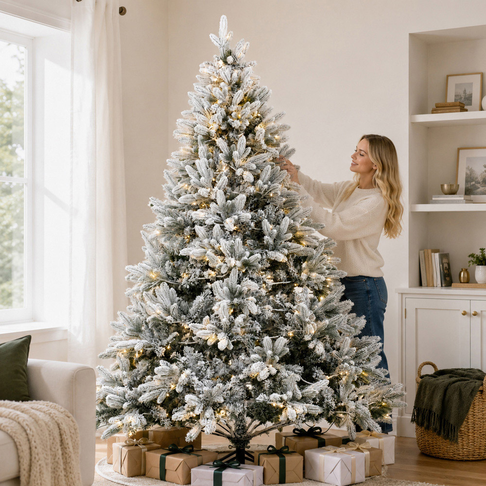 Abrihome 400 Warm White LED Pre-Lit Snow Flocked Artificial Christmas Tree with 1200 Mixed Tips 7ft Image 4