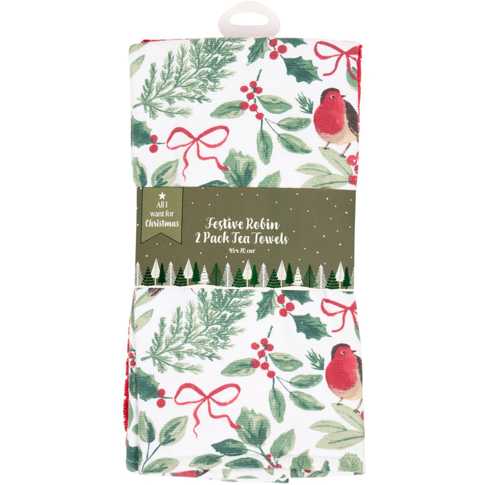 Pack of 2 Festive Robin Print Tea Towels Image 1