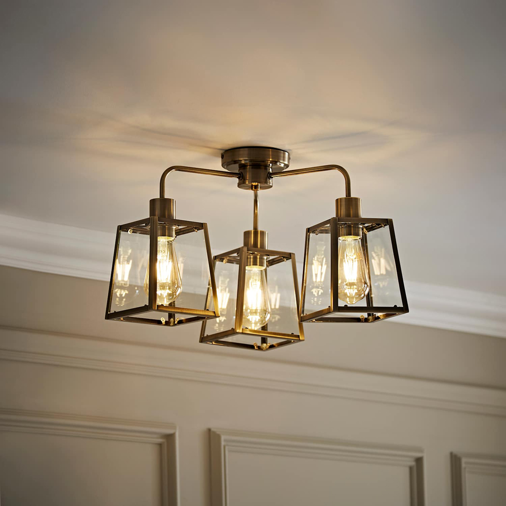ValueLights Susie 3 Arm Antique Brass Glass Lantern Ceiling Light with Bulb Image 6