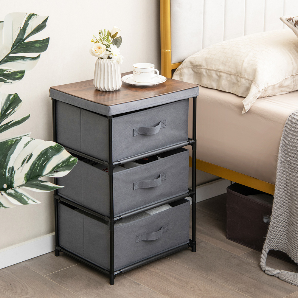 Costway 3 Drawer Grey Fabric Nightstand with Removable Lid Image 3