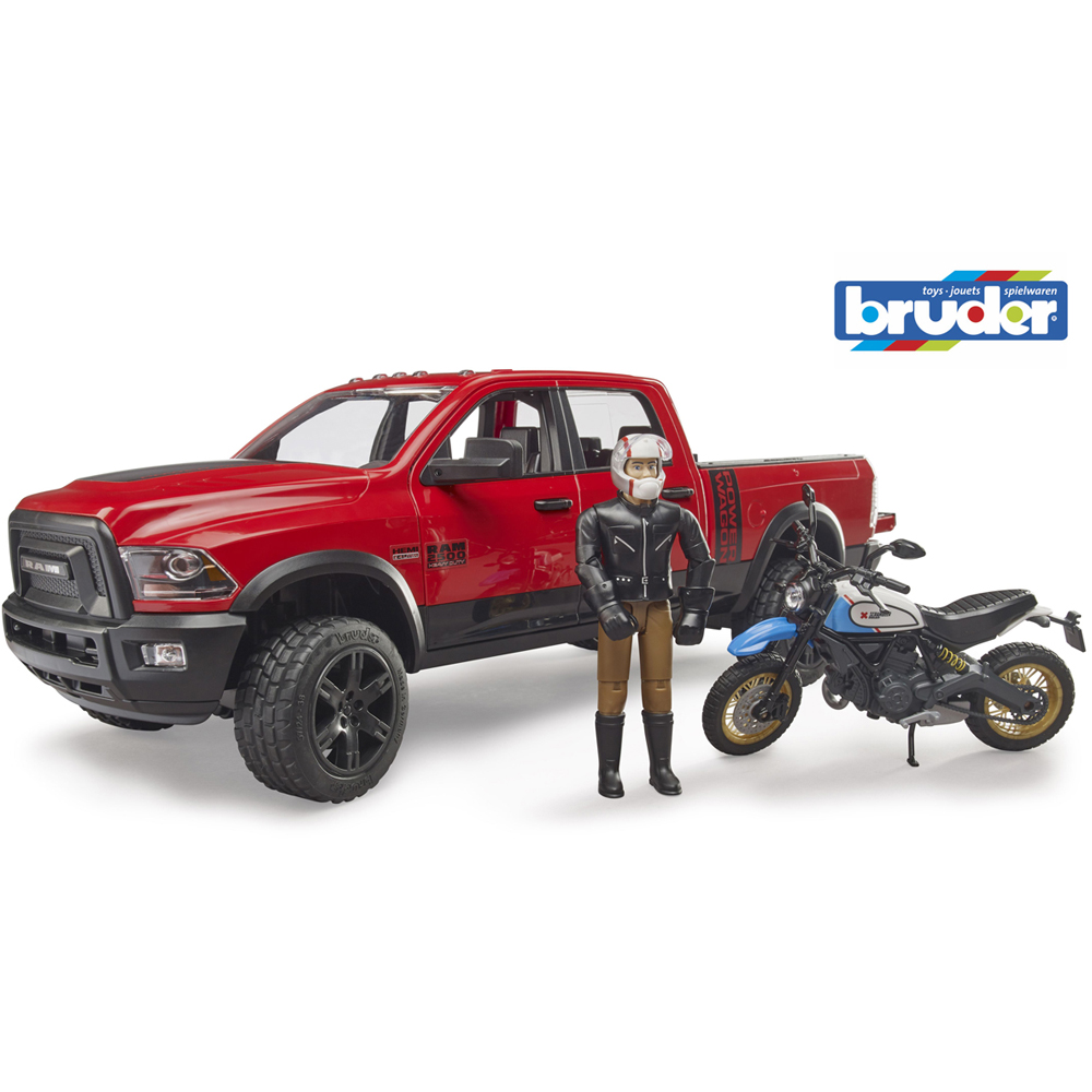 Bruder RAM 2500 Power Wagon with Scrambler Ducati Desert and Driver Figure Image 9