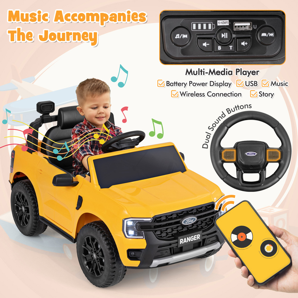 Costway Kids Yellow Licensed Ford Ranger Kids Ride On Car with Remote Control 12V Image 6