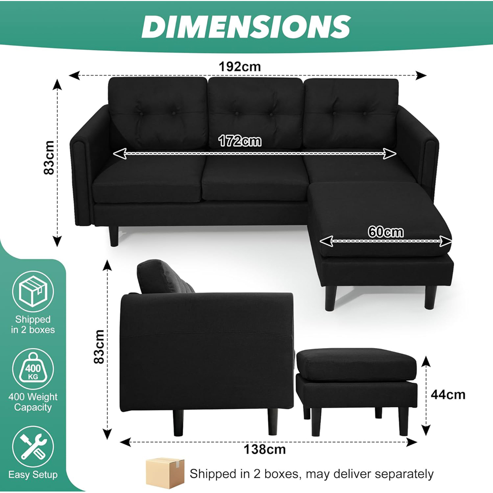 Alivio 4 Seater Black Linen Fabric Modern L-Shaped Sectional Sofa with Movable Chaise Image 9