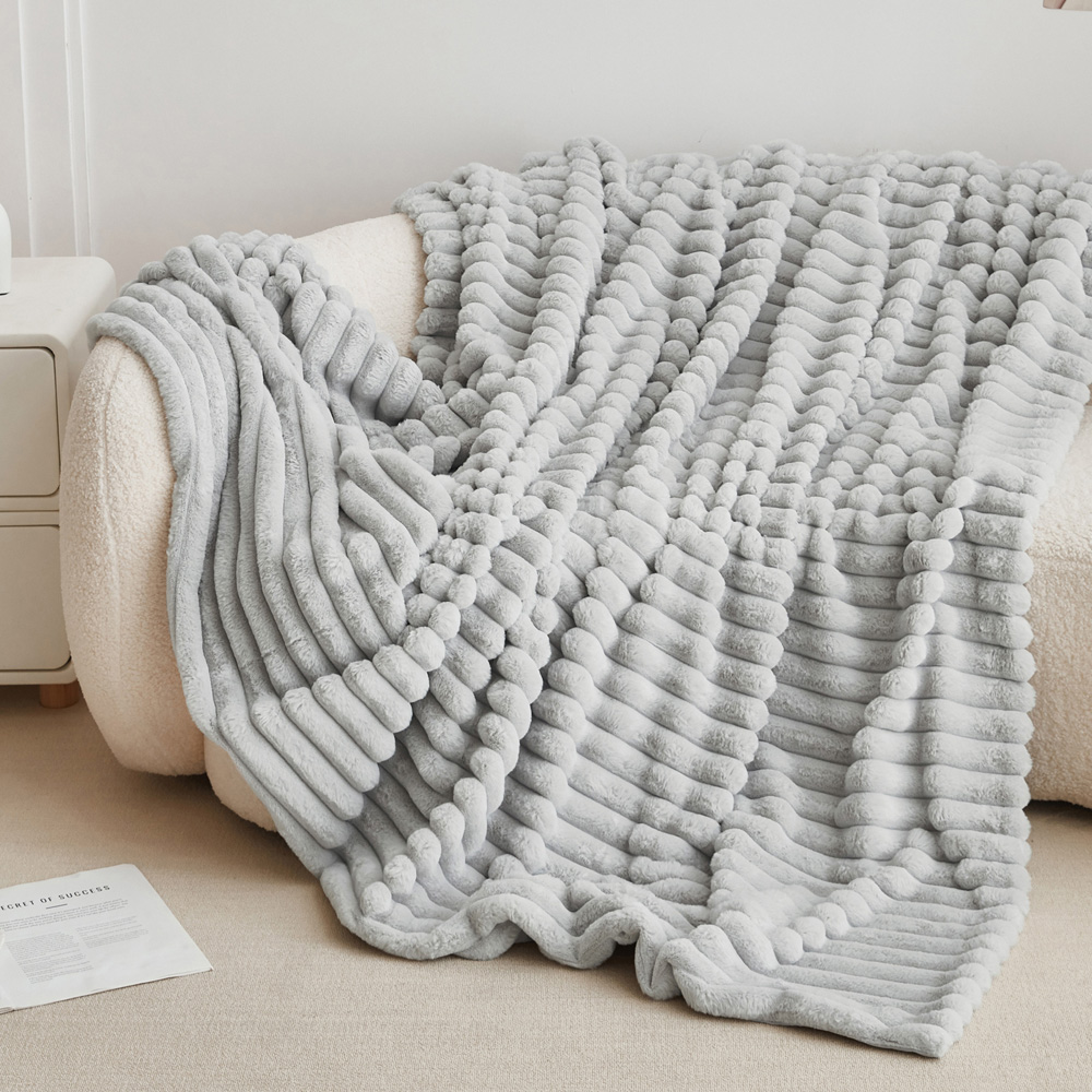 Groundlevel Extra Large Grey Stripe Super Soft Luxury Faux Fur Throw Image 2