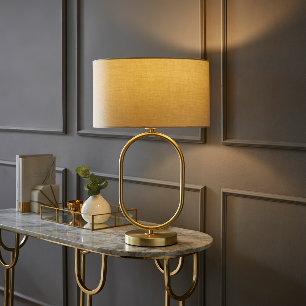 ValueLights Antonia Cream Fabric Drum Lamp Shade Brushed Gold Oval LED Table Lamp Image 2