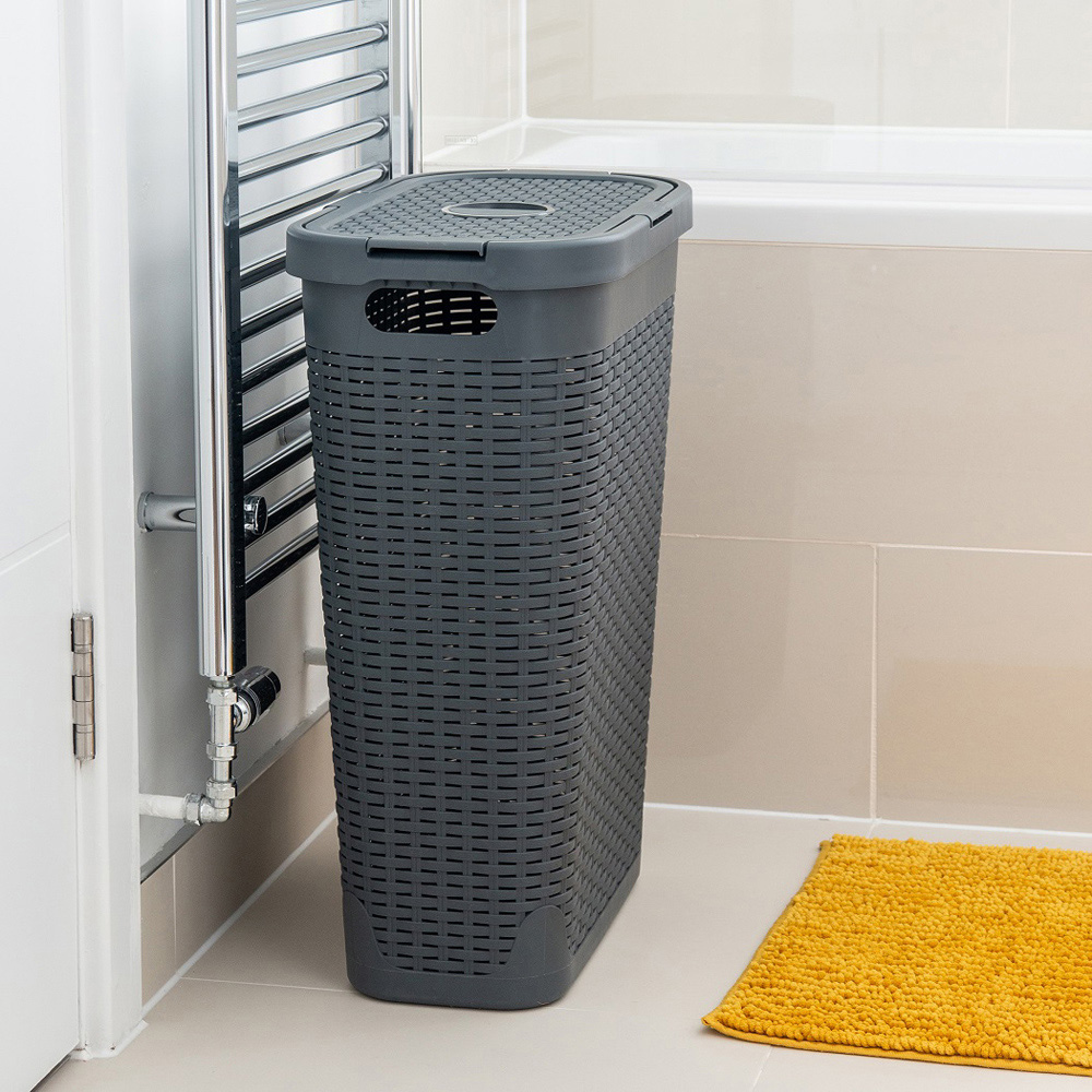 Addis Charcoal Faux Rattan Slim Laundry Hamper 40L Image 2