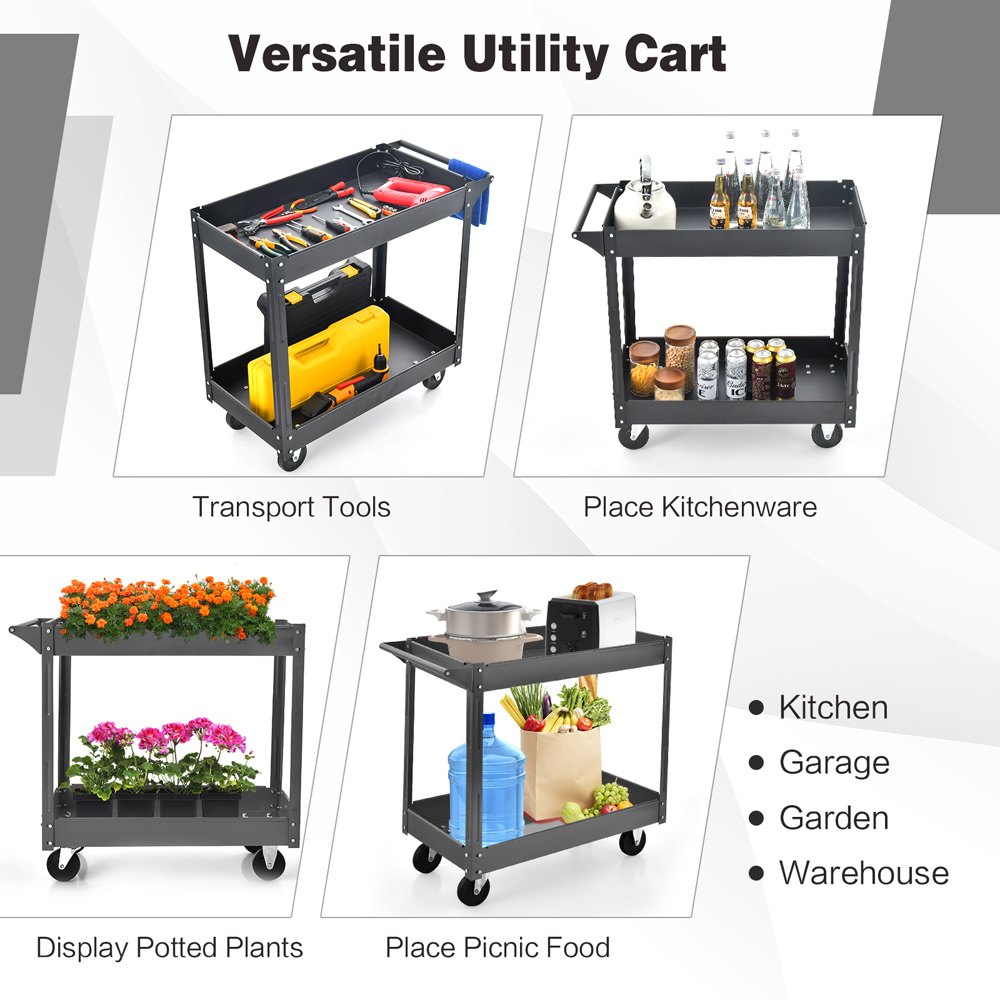 Costway 2 Shelf Black Tool Trolley with Wheels Image 4
