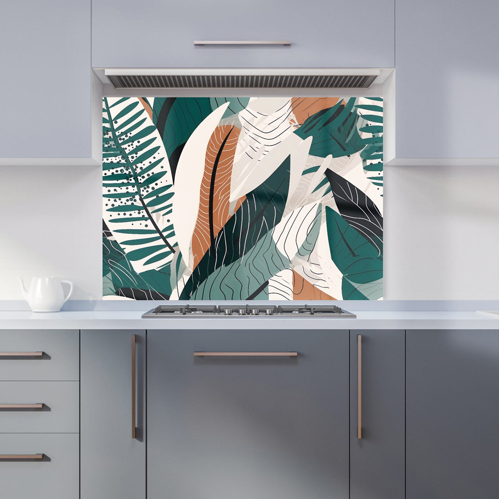 Warren Reed Designer Green and Brown Autumn Tropical Leaves Glass Kitchen Splashback 65 x 90cm Image 1