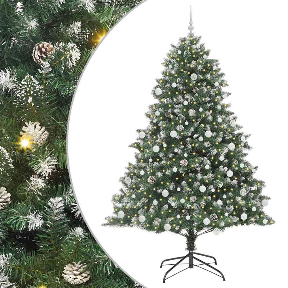 vidaXL Pre-Lit White Baubles Green Artificial Snow Tipped Christmas Tree 7ft Image 2