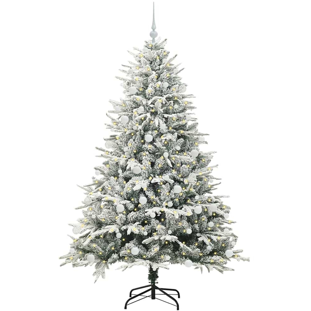 vidaXL 300 LED Pre-Lit White Baubles Green Artificial Snow Flocked Christmas Tree 6ft Image 1