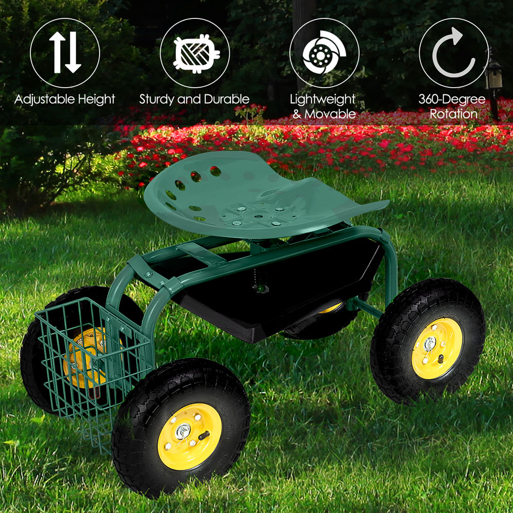 Costway Green Adjustable Rolling Gardening Cart Image 6