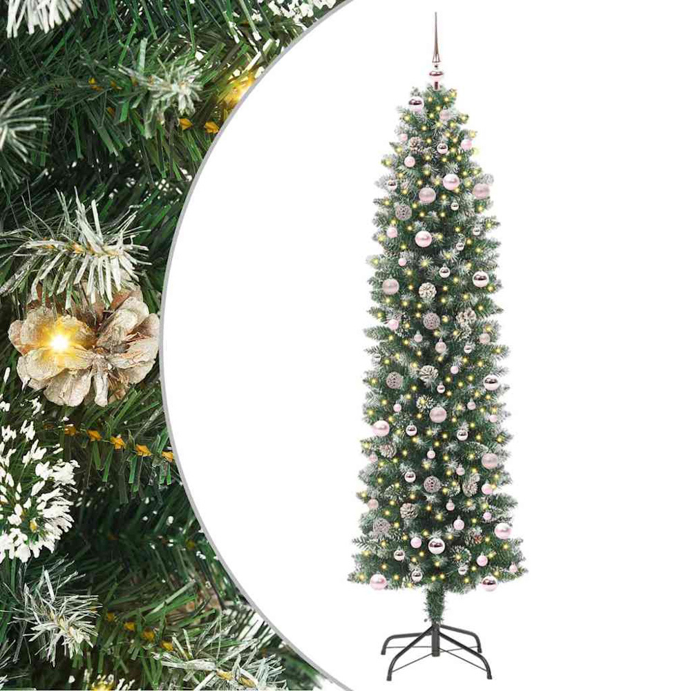 vidaXL Pre-Lit Warm White LED and Pink Baubles Green Slim Artificial Christmas Tree 8ft Image 7