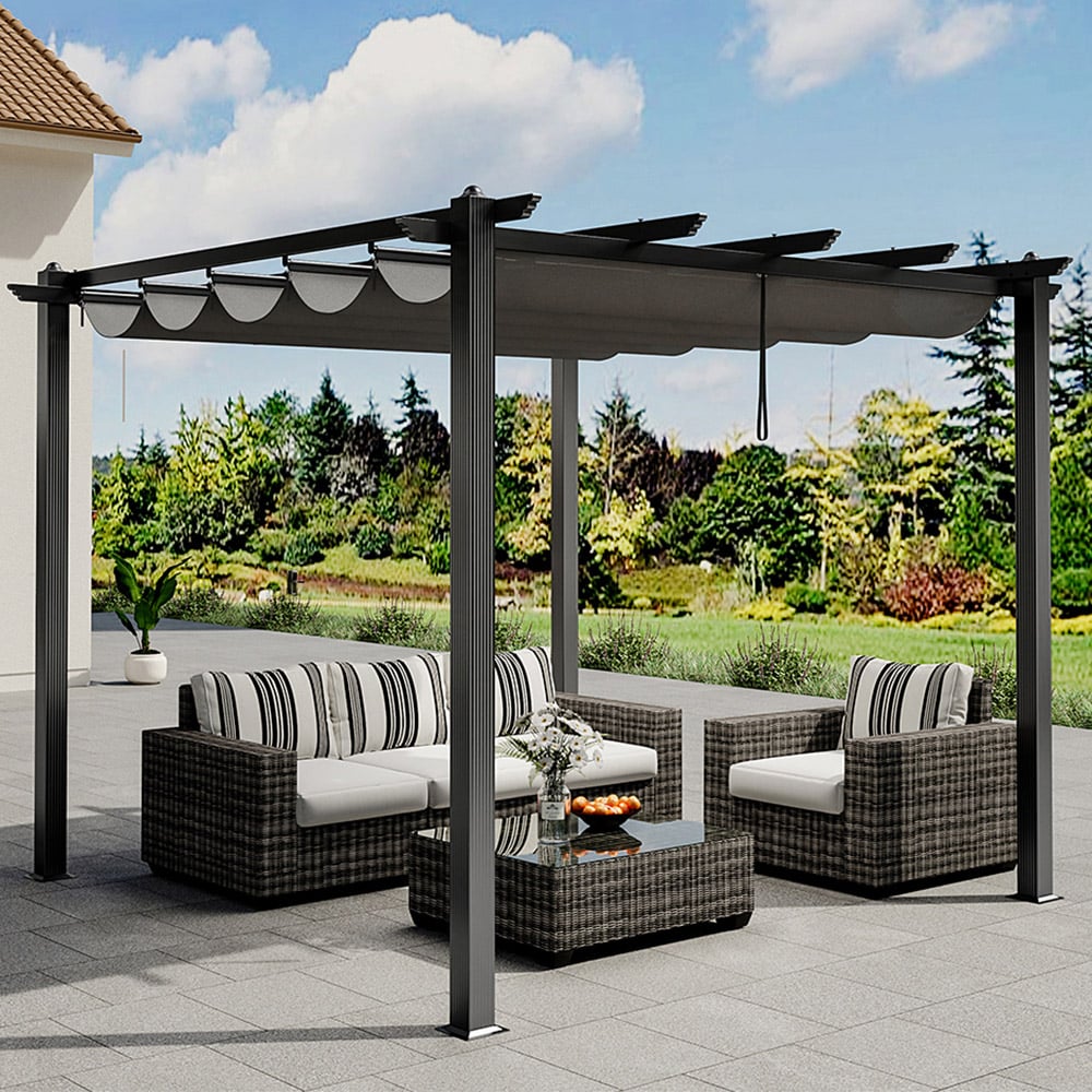 Living and Home Dark Grey Aluminium Pergola with Canopy 3 x 3m Image 1