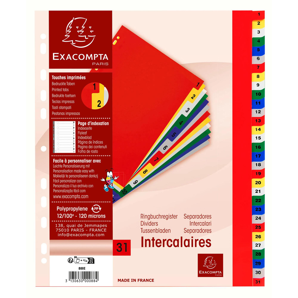 Exacompta A4 Maxi Bright Assorted Colour Polypropylene 1-31 Printed Divider 20 Pack Image 7