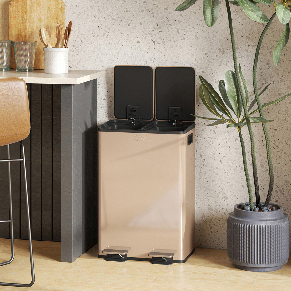 HOMCOM Gold Tone Stainless Steel Double Pedal Bin with Soft-Close Lid 56L Image 3