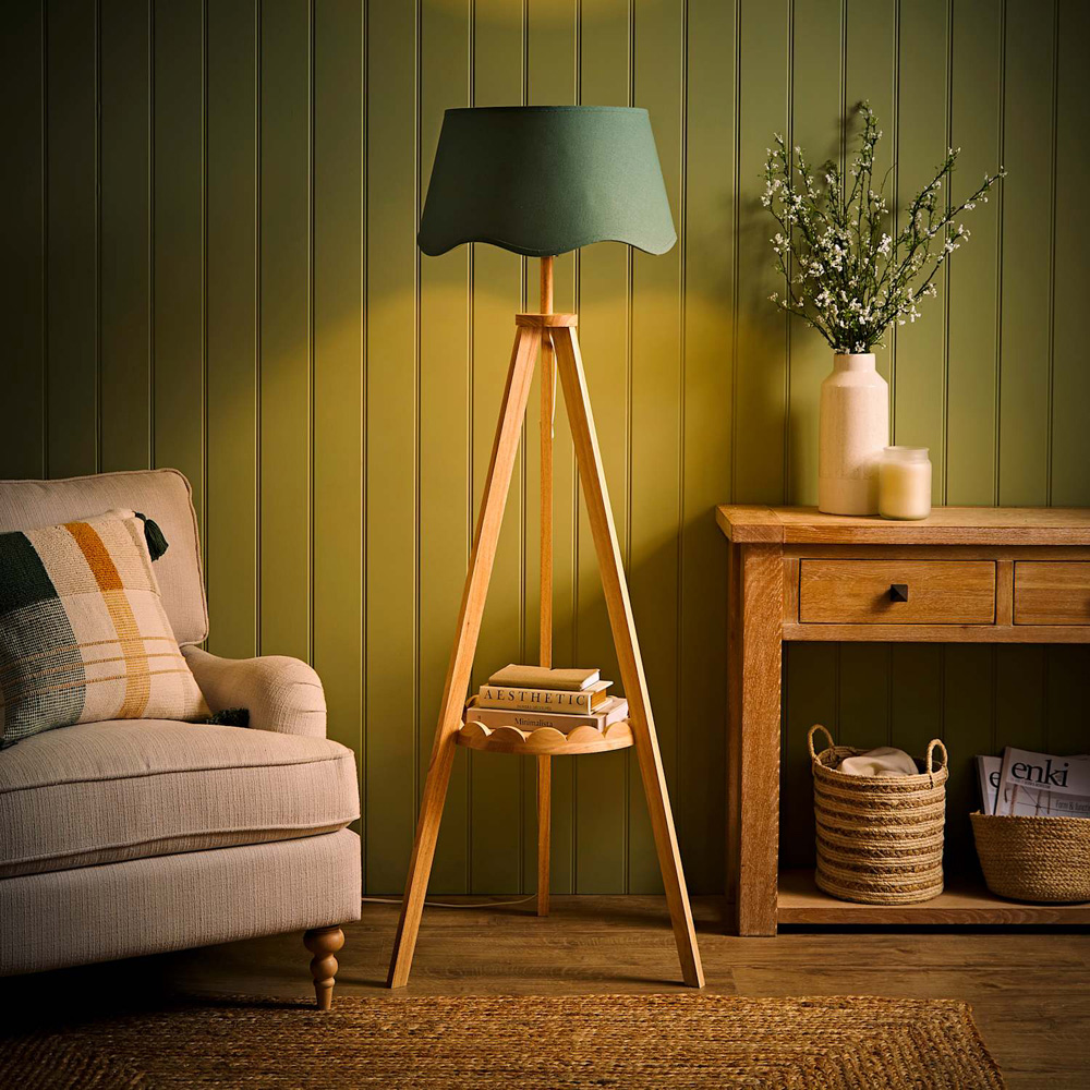 ValueLights Morrigan Sage Green Shade Wooden Scallop Tripod LED Floor Lamp with Bulb Image 2