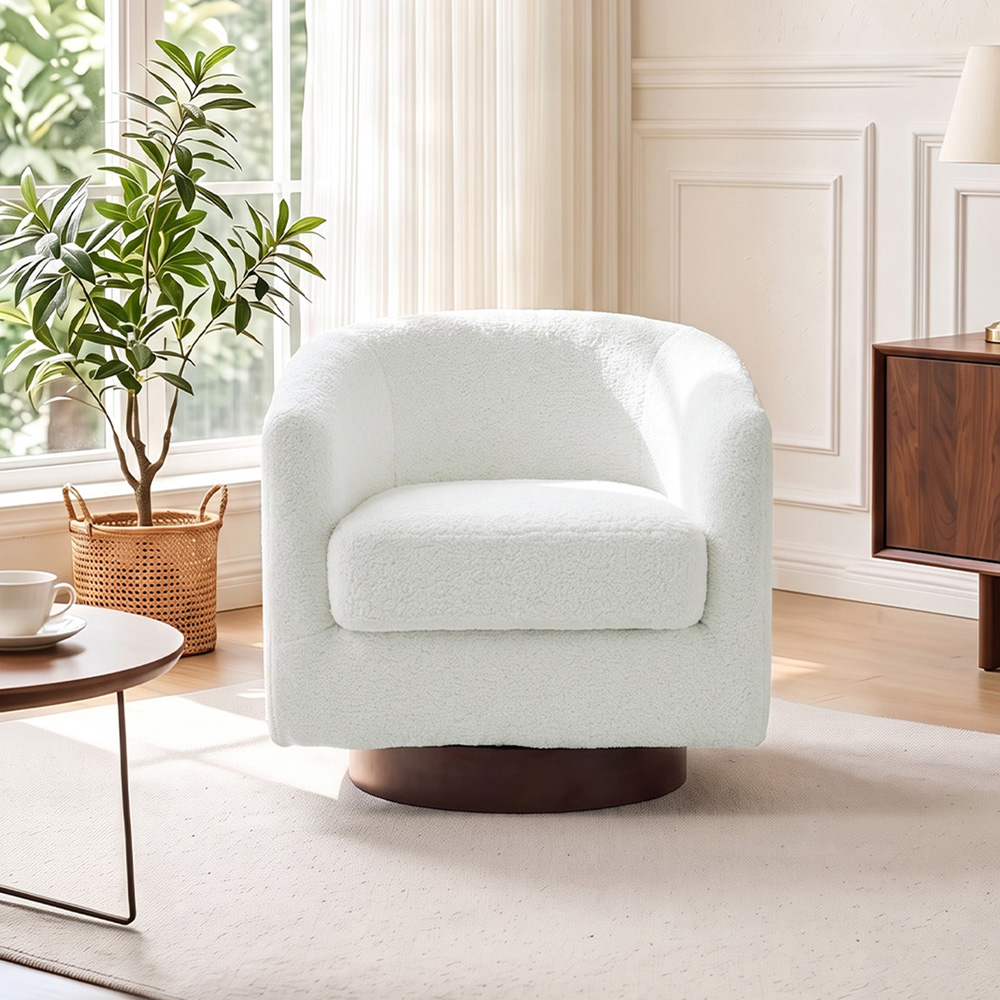 Living and Home Beige Sherpa Fleece Ribbed Curved Barrel Swivel Armchair Image 7