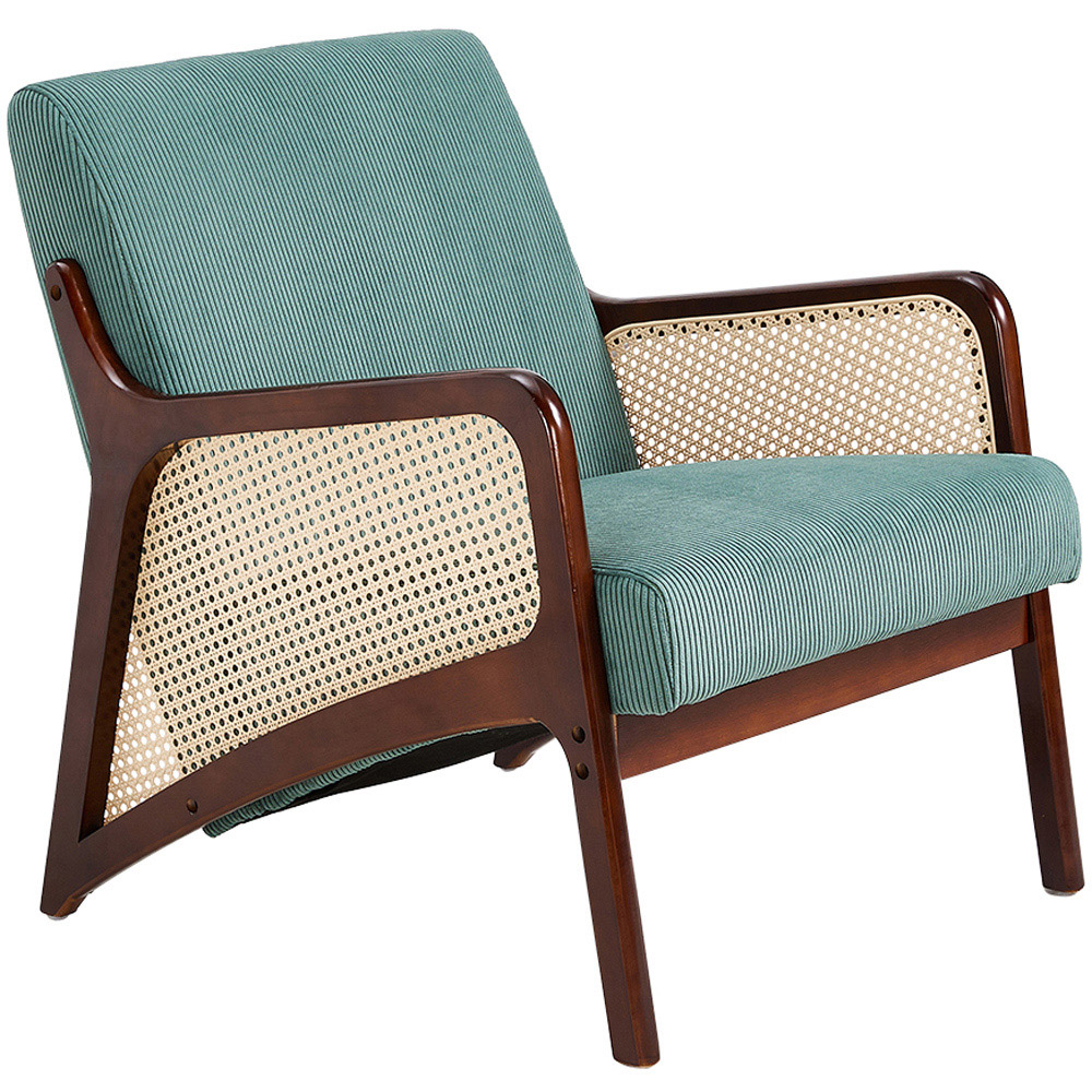 Living and Home Green Corduroy Armchair with Rattan Armrest Image 2