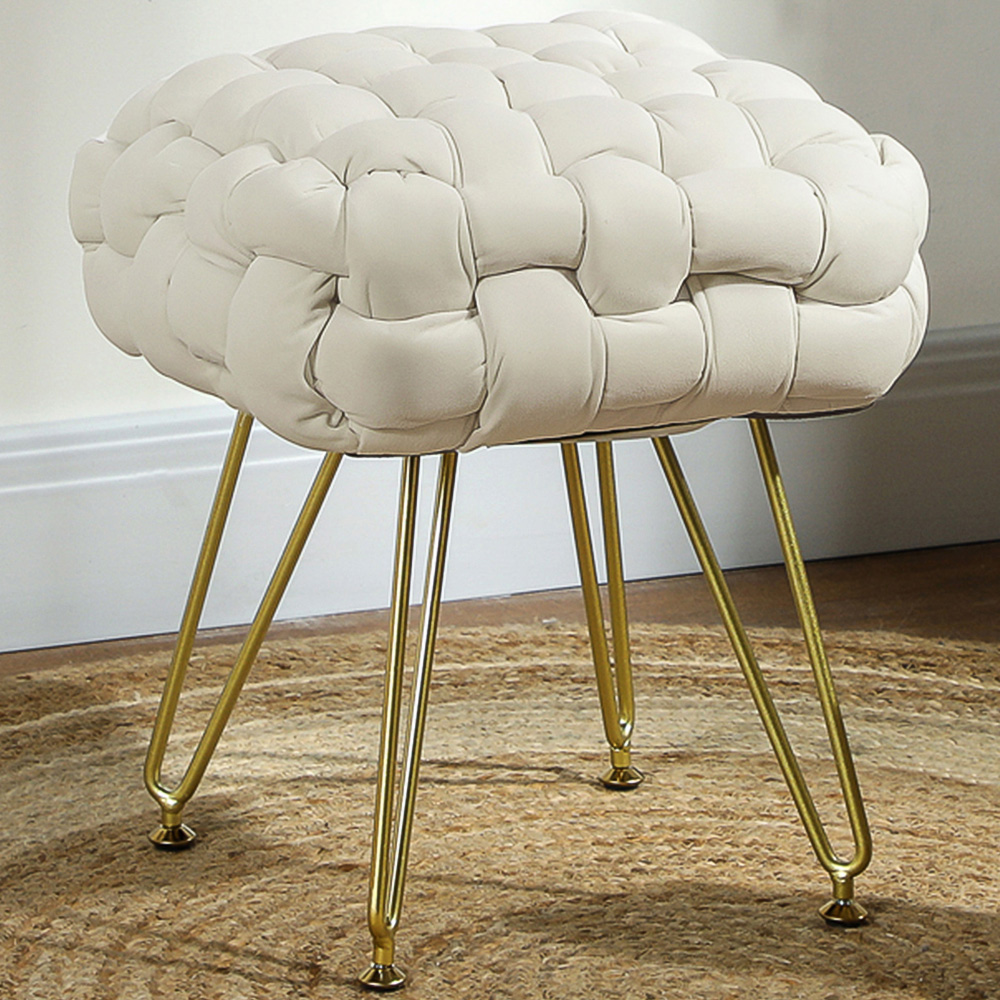 HOMCOM Cream White Woven Velvet Footstool with Metal Legs Image 1