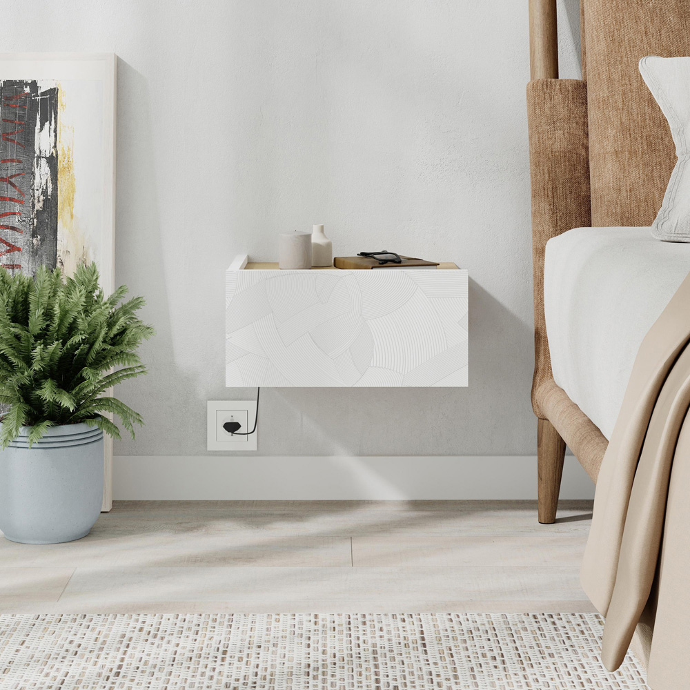 Decortie Onda Single Drawer White LED Wall-Mounted Bedside Table Image 6
