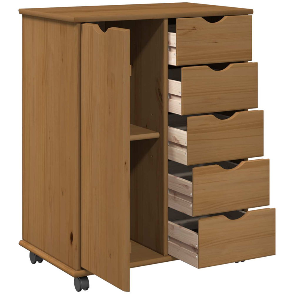 vidaXL Single Door 5 Drawer Honey Brown Rolling Storage Cabinet Image 4