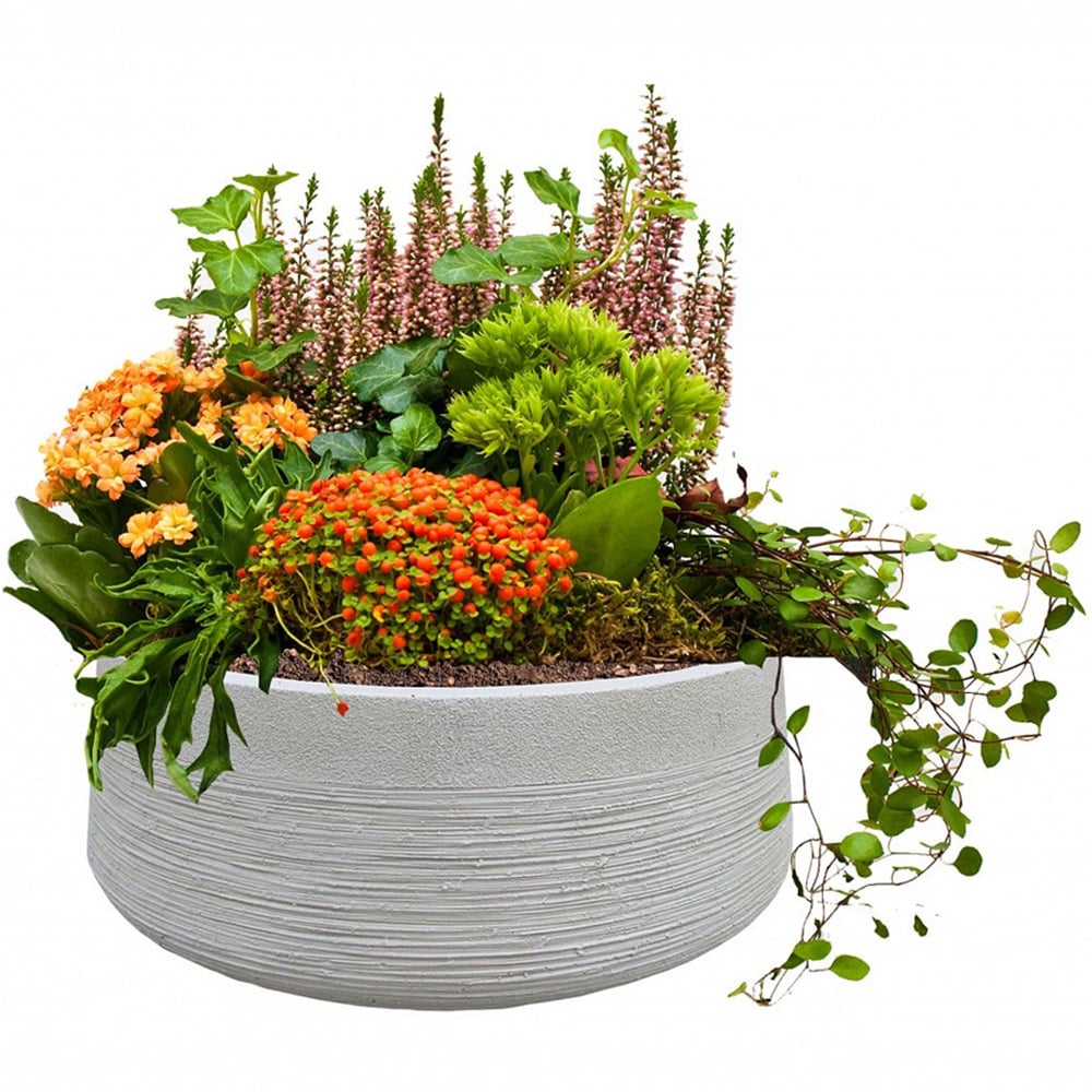 wilko Ribbed Beige Light Concrete Fibrestone Outdoor Bowl Plant Pot 12cm Image 3