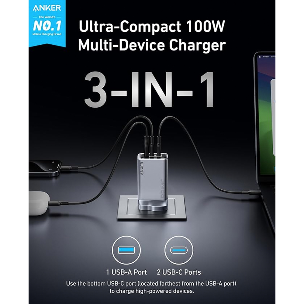 Anker Prime Silver 3 Port GaN Wall Charger 100W Image 2
