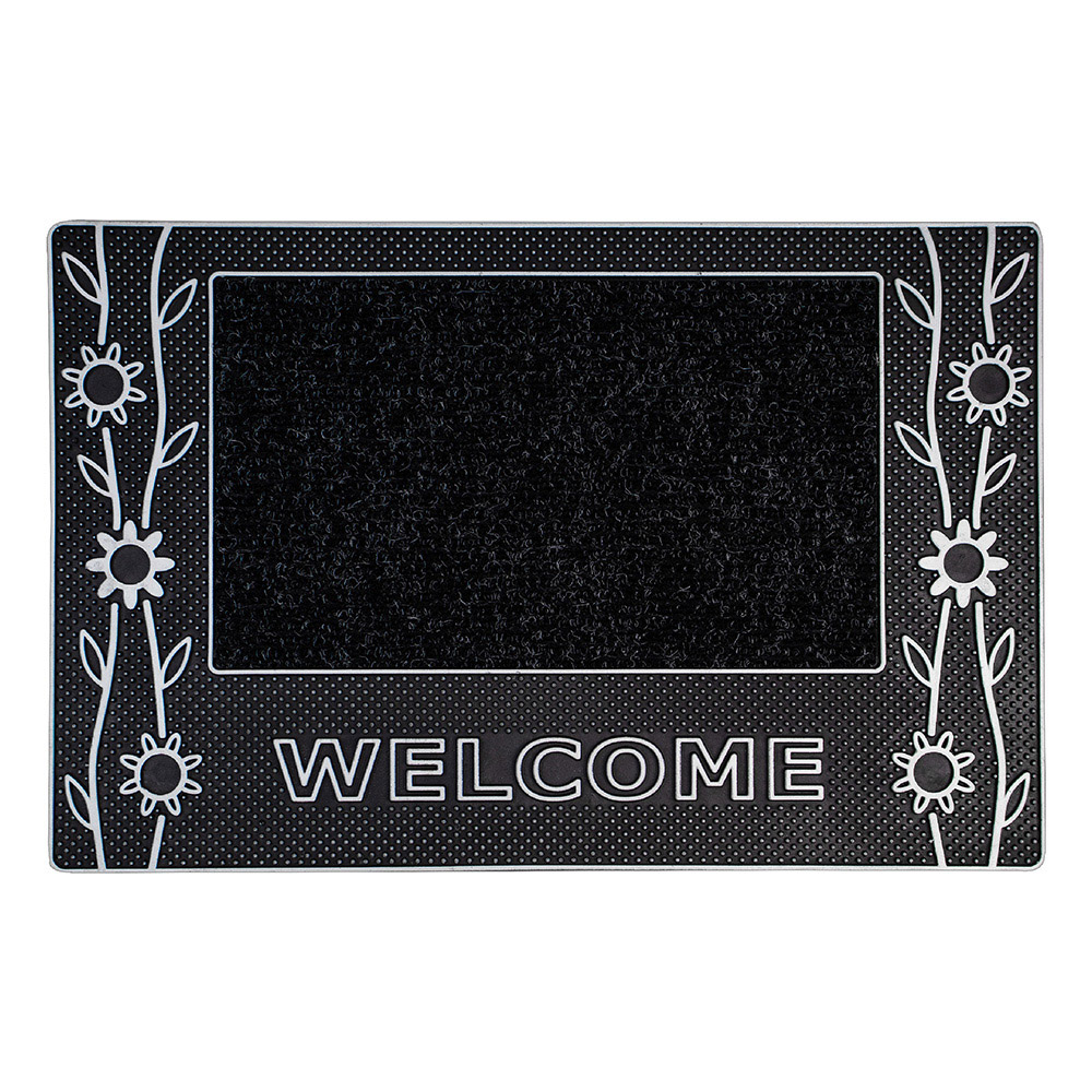 JVL Rico Silver Black Flowers Metallic PVC Door Mat 45 x 75cm Image 1