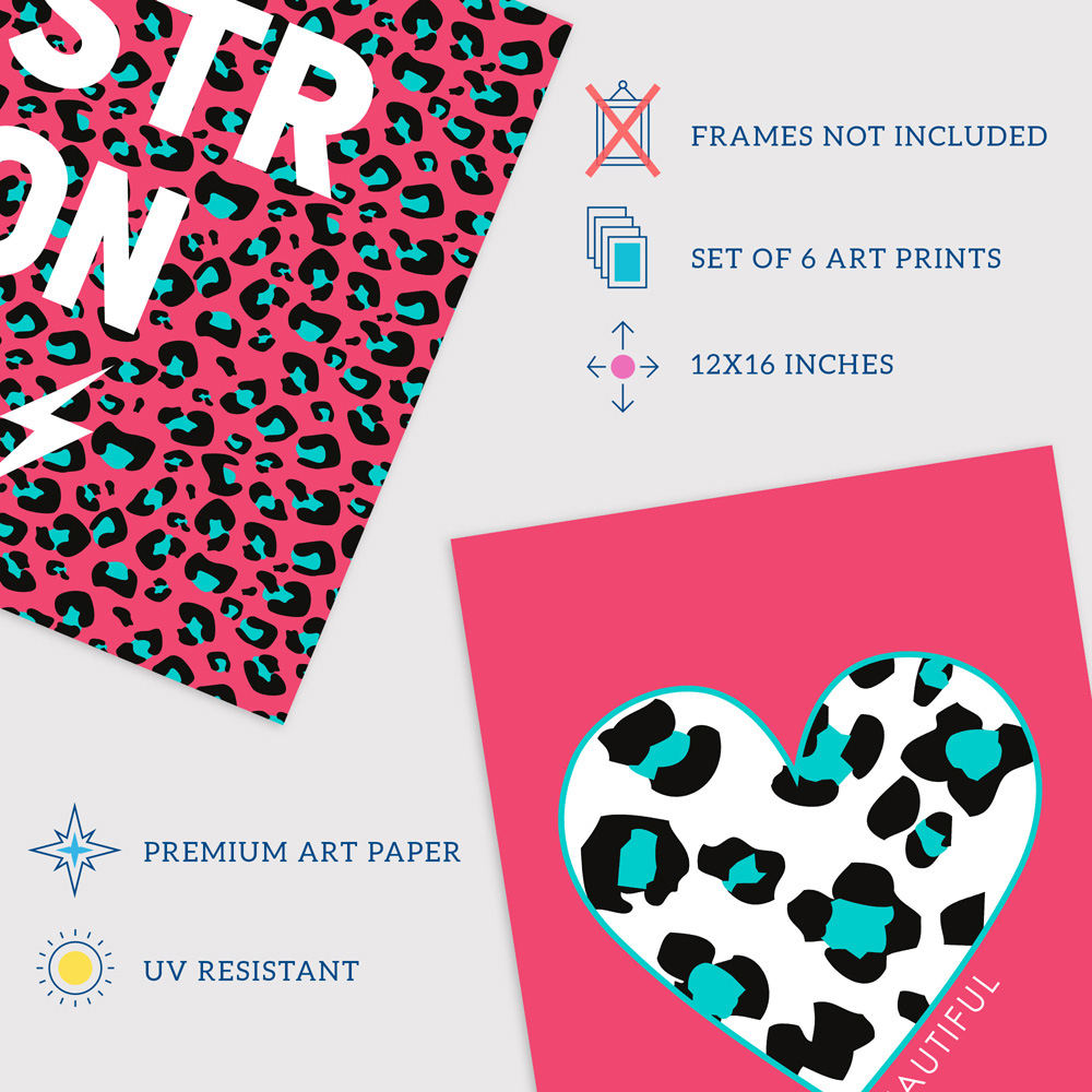 Wee Blue Coo Pink and Turquoise Leopard Pattern Bold Shapes Wall Art Print 30 x 41cm 6 Pack Image 4