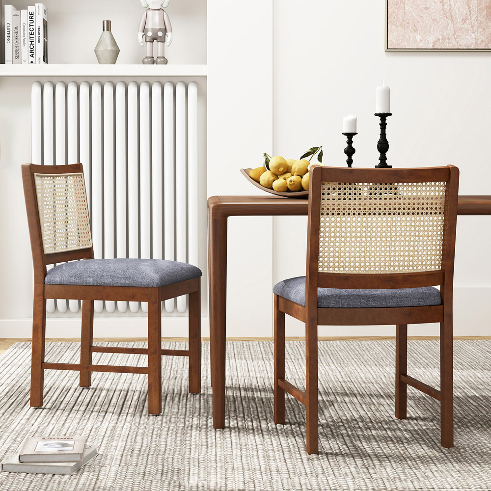 Costway Set of 2 Walnut Rattan Dining Chair with Padded Seat Image 3