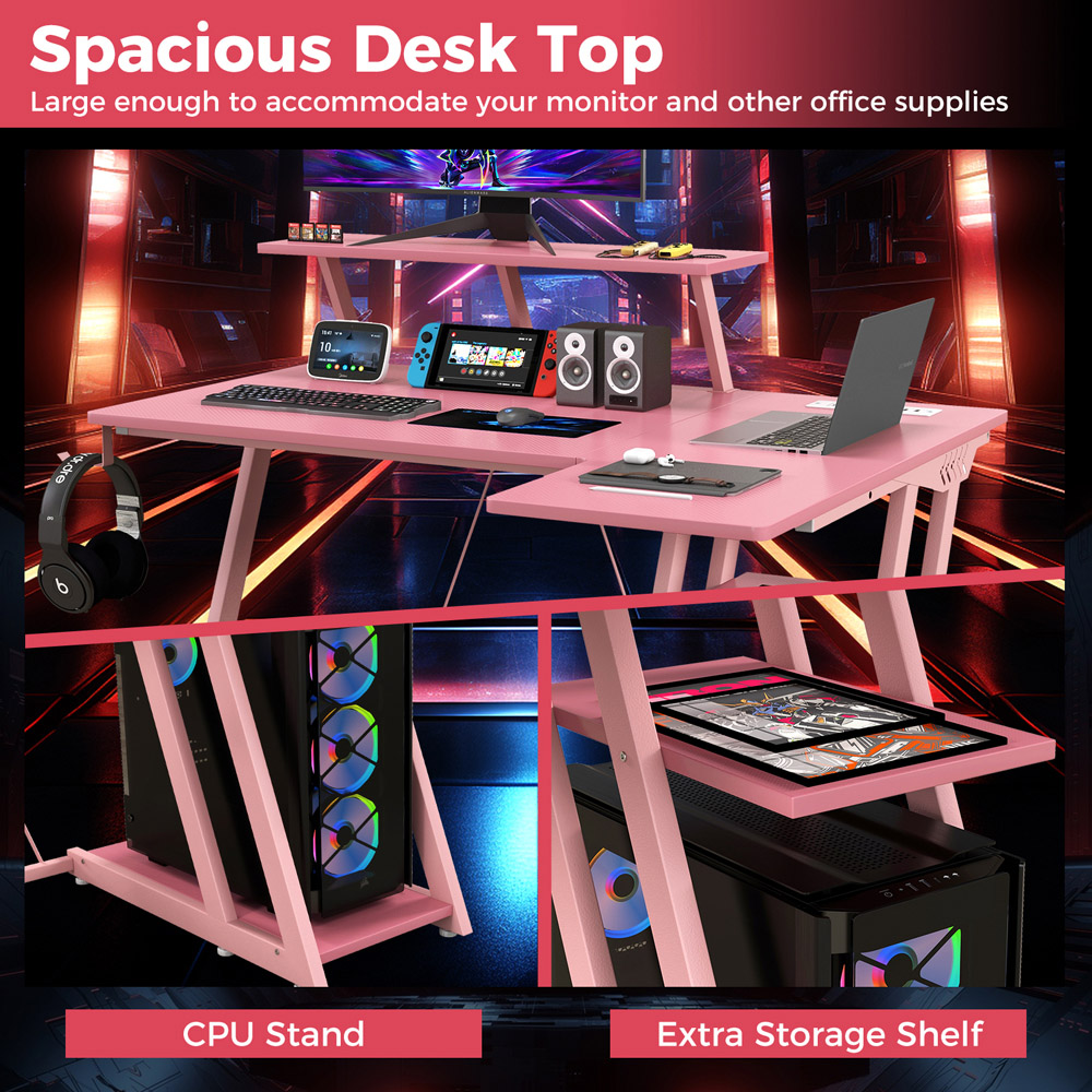 Costway L Shaped Gaming Desk with USB Ports Pink Image 6