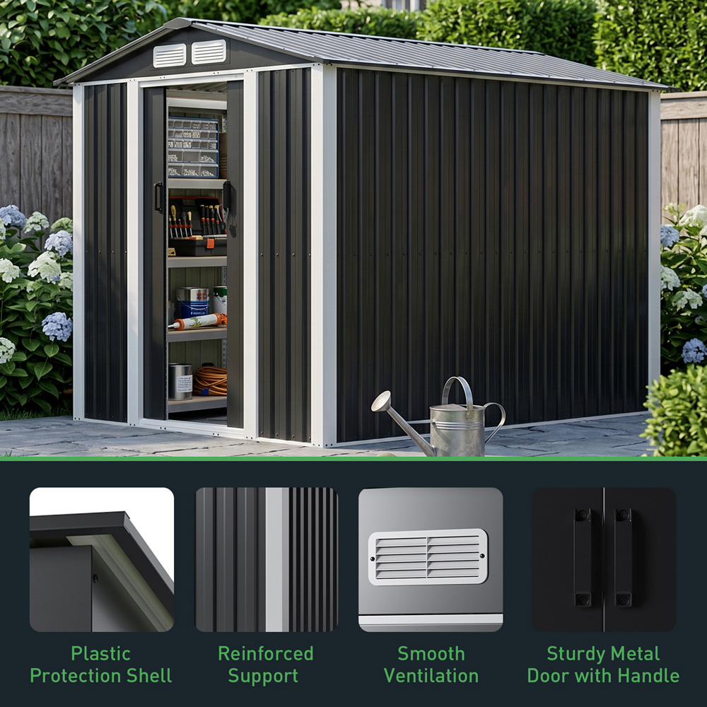 Living and Home 6 x 8ft Black Metal Apex Garden Storage Shed Image 6