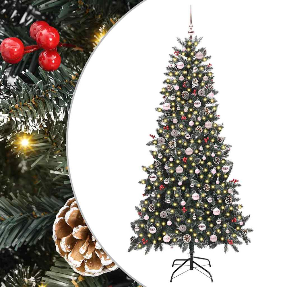 vidaXL Pre-Lit Pink Baubles and Pinecones Green Artificial Snow Tipped Christmas Tree 8ft Image 2