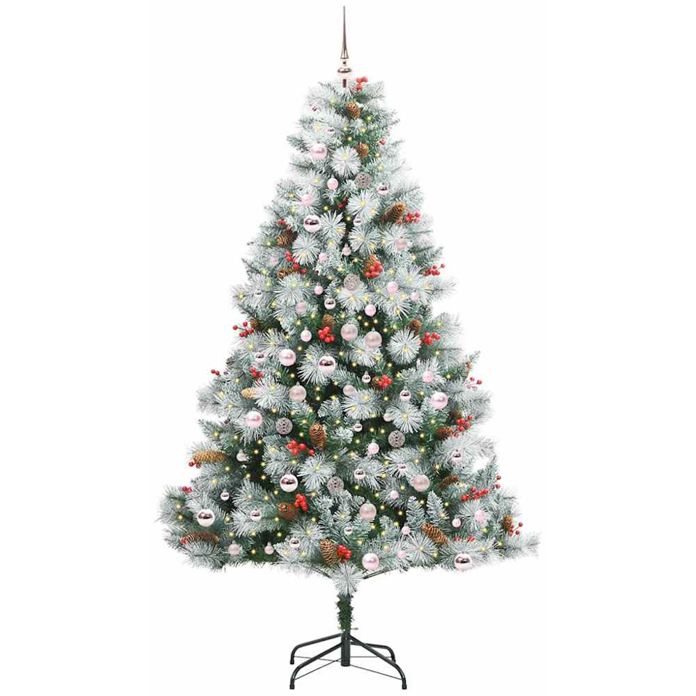 vidaXL Pre-Lit Pink Baubles Green Artificial Snow Flocked Christmas Tree 7ft Image 1