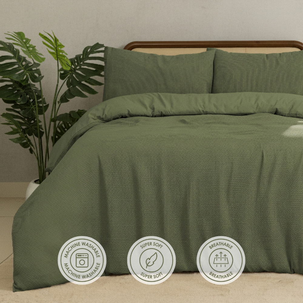 MHG Living King Size Olive Green Chunky Waffle Duvet Cover Set Image 8