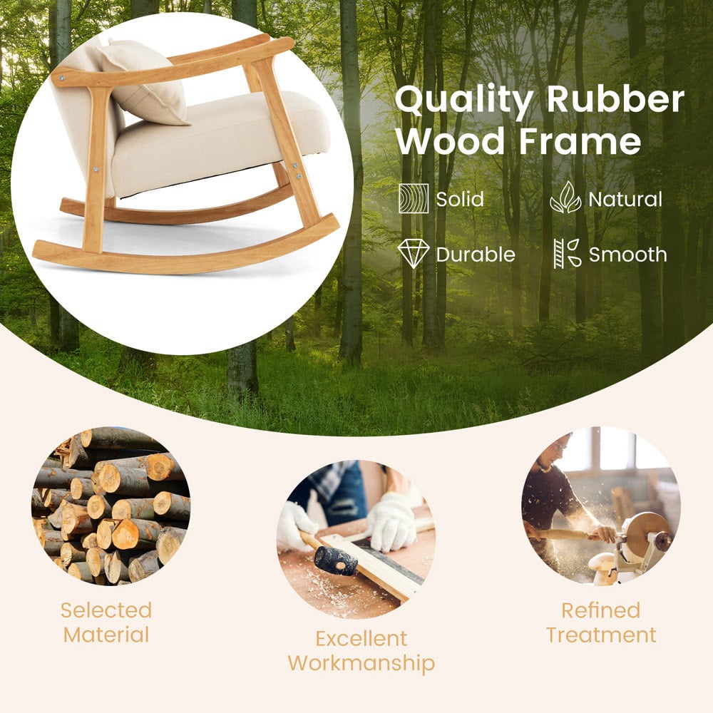 Costway Beige Upholstered Rubber Wood Frame Rocking Chair Image 7