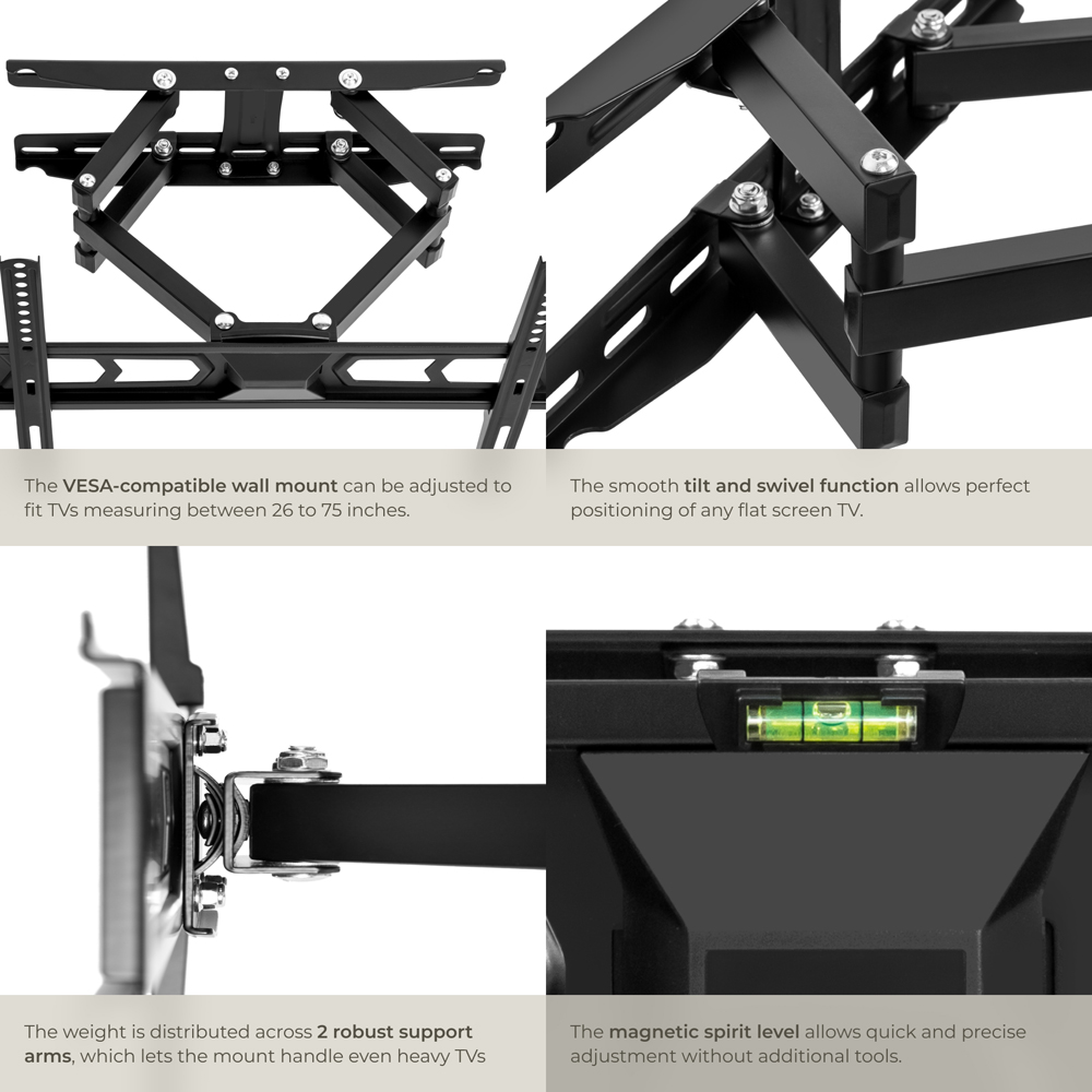 tectake 26 to 75inch Tiltable Extendable Wall Mount Flat TV Bracket Image 5