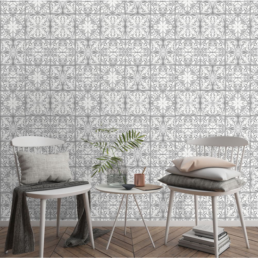 Wilko Wallpaper Oriental Tile Grey Image 2