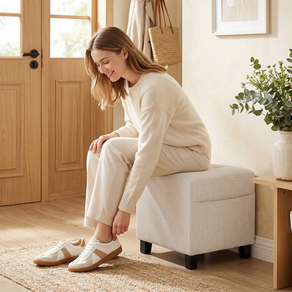 HOMCOM Beige Small Ottoman Pouffe Stool with Side Pocket Image 2