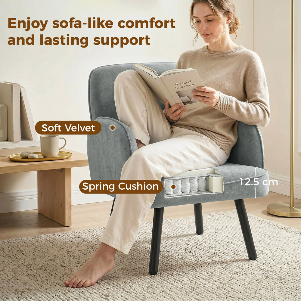 HOMCOM Grey Velvet Upholstered Spring Cushion Lounge Chair Image 5