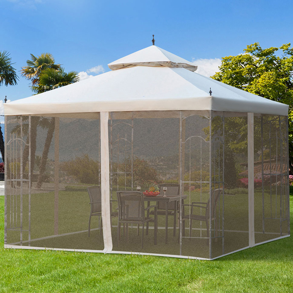 Outsunny 3 x 3m White Double Top Gazebo with Sun Cream Mesh Curtains Image 1