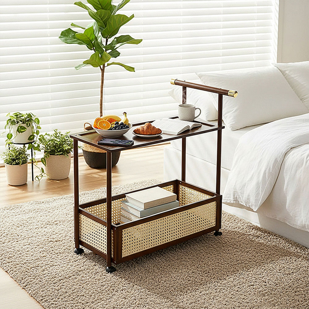 Living and Home 2-Tier Walnut Faux Rattan Side Table with Castors Image 8