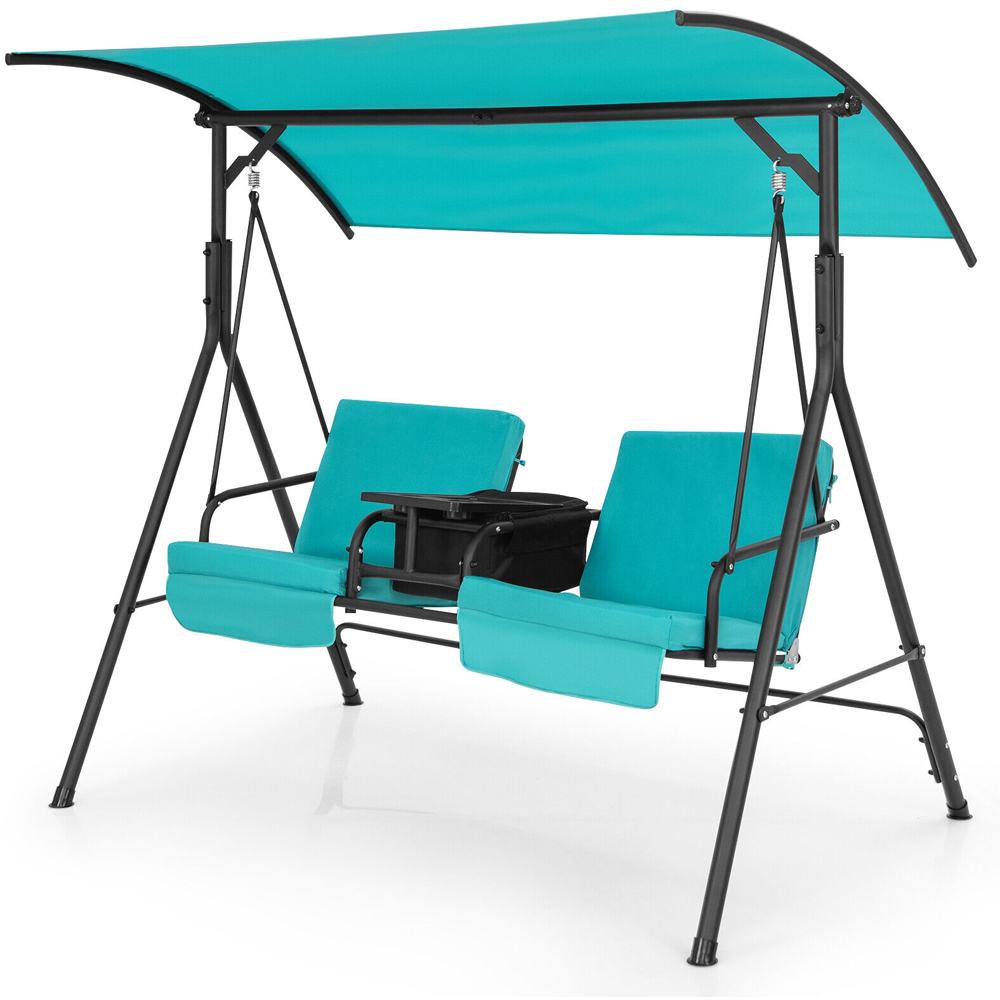 Costway 2 Seater Turquoise Garden Swing Chair with Canopy and Cooler Bag Image 2