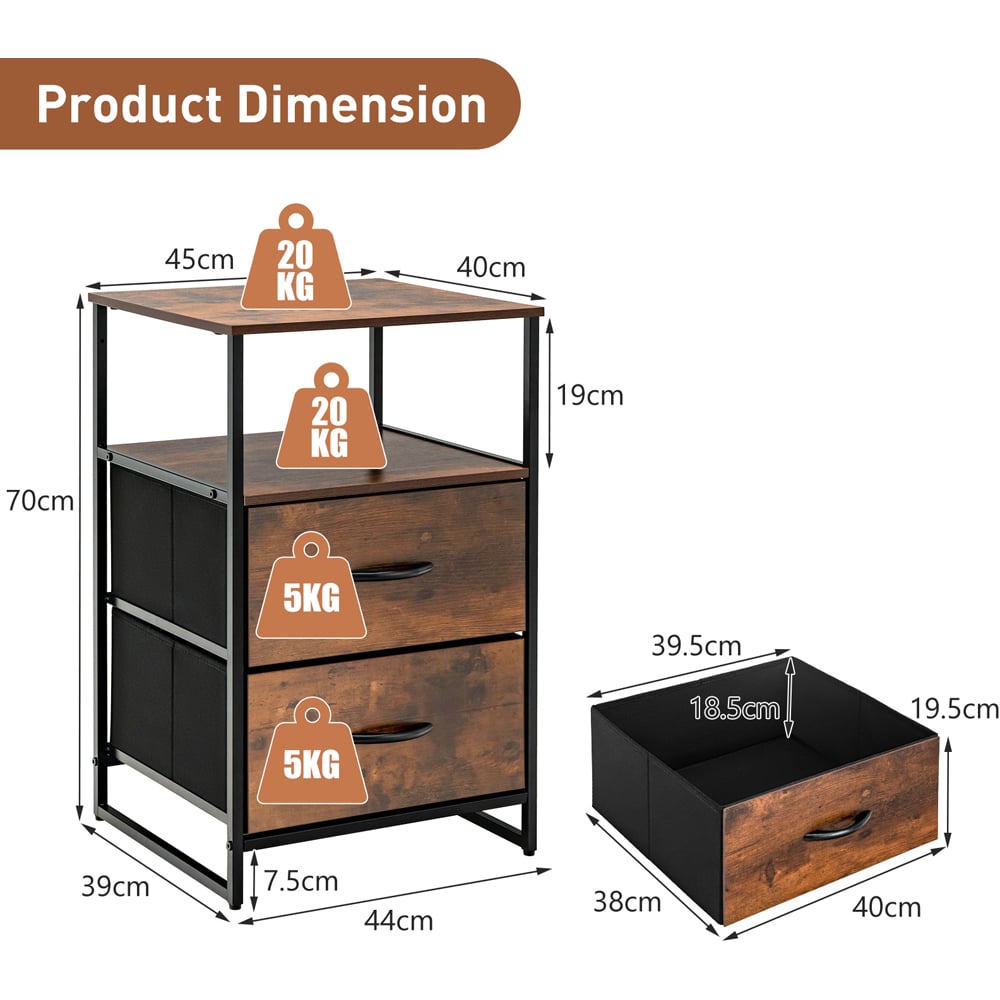 Costway 2 Drawer Single Shelf Rustic Brown Storage Unit Image 9