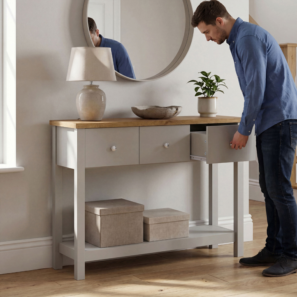 VIDA DESIGNS Arlington 3 Drawer Grey and Oak Console Table Image 3