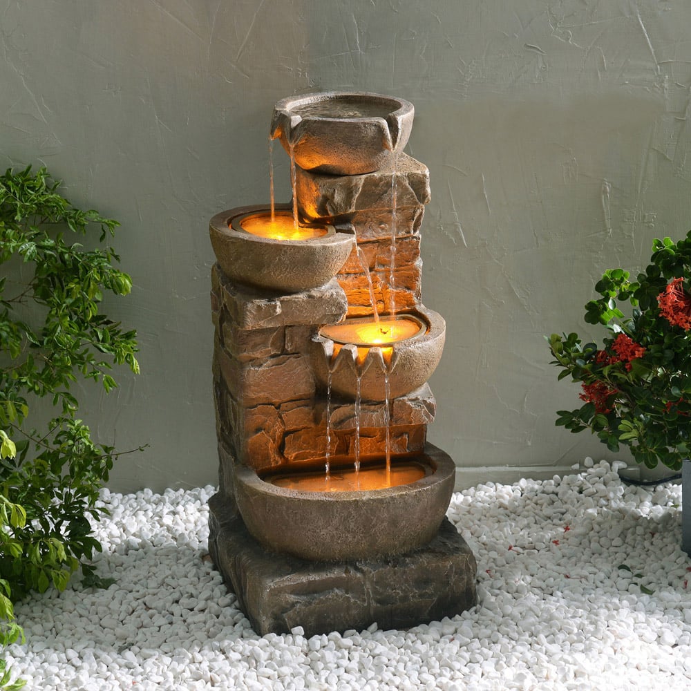 Teamson Home 4-TierLED Brown Cascading Bowl Stone Outdoor Waterfall Fountain Image 2